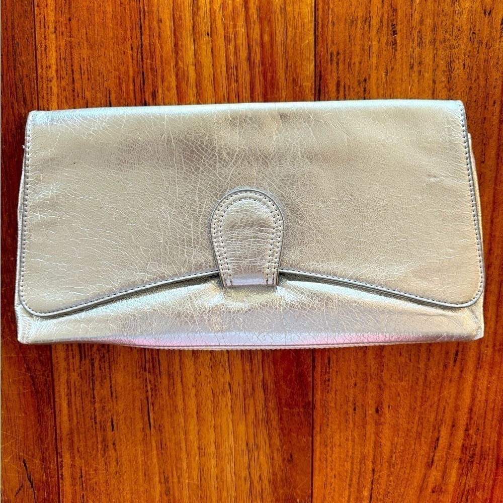 Express Metallic Silver Clutch Snap Close Front / 13" width / 7" heigth